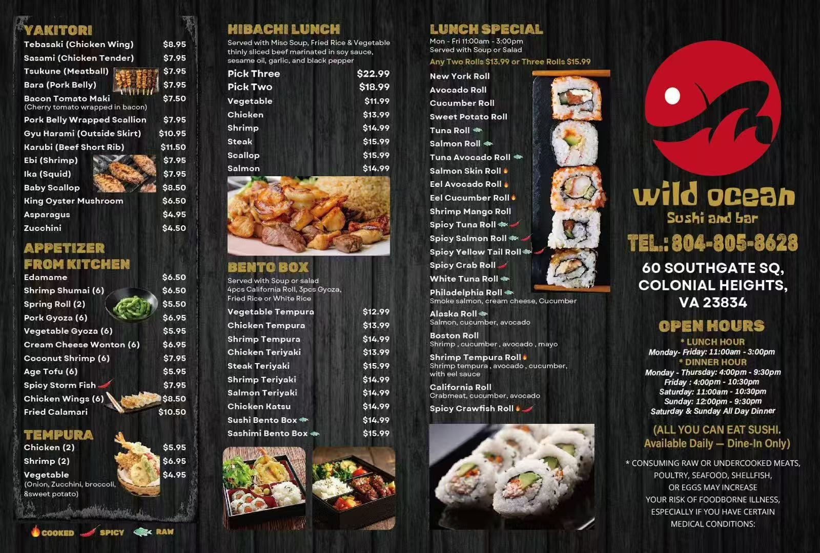 Wild Ocean Sushi and Bar menu — yakitori, hibachi lunch, bento boxes, tempura, lunch specials, and hours